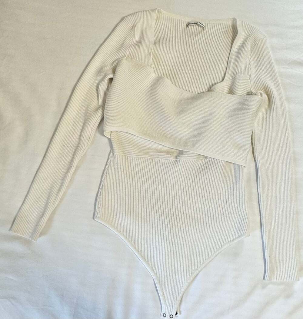 Abercrombie & Fitch White Ribbed Long Sleeve Bodysuit with Overlay